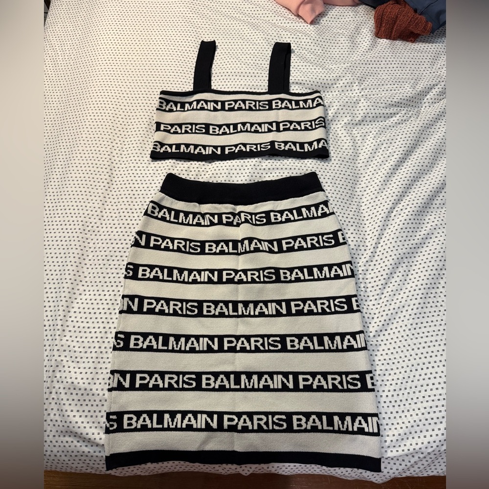 Balmain Black and White Logo Skirt Set